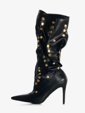Black Stud High Heel Boots Women's Pointed Toe Ruched Mid Claf Boots