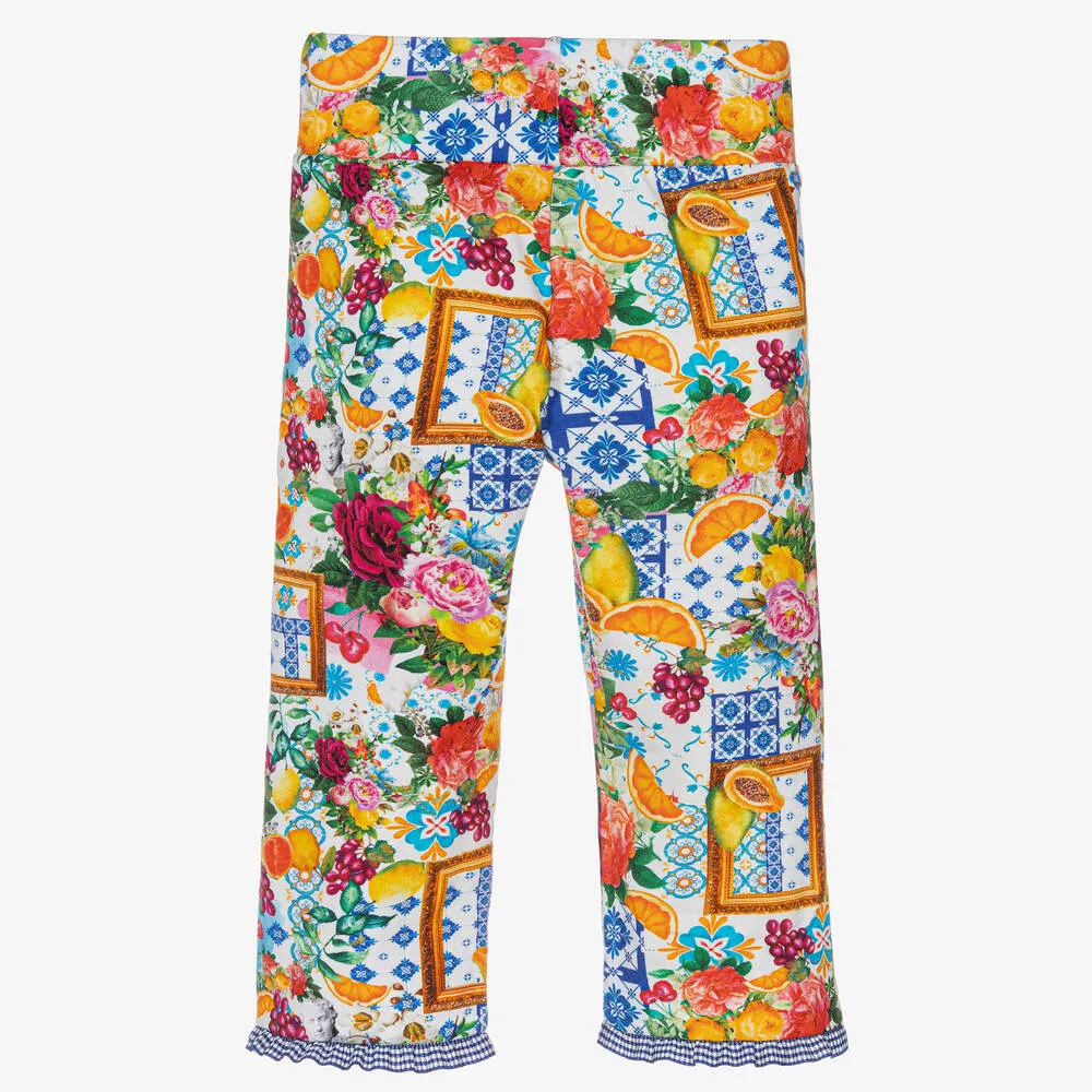 Girls Blue Cotton Floral Fruit Leggings