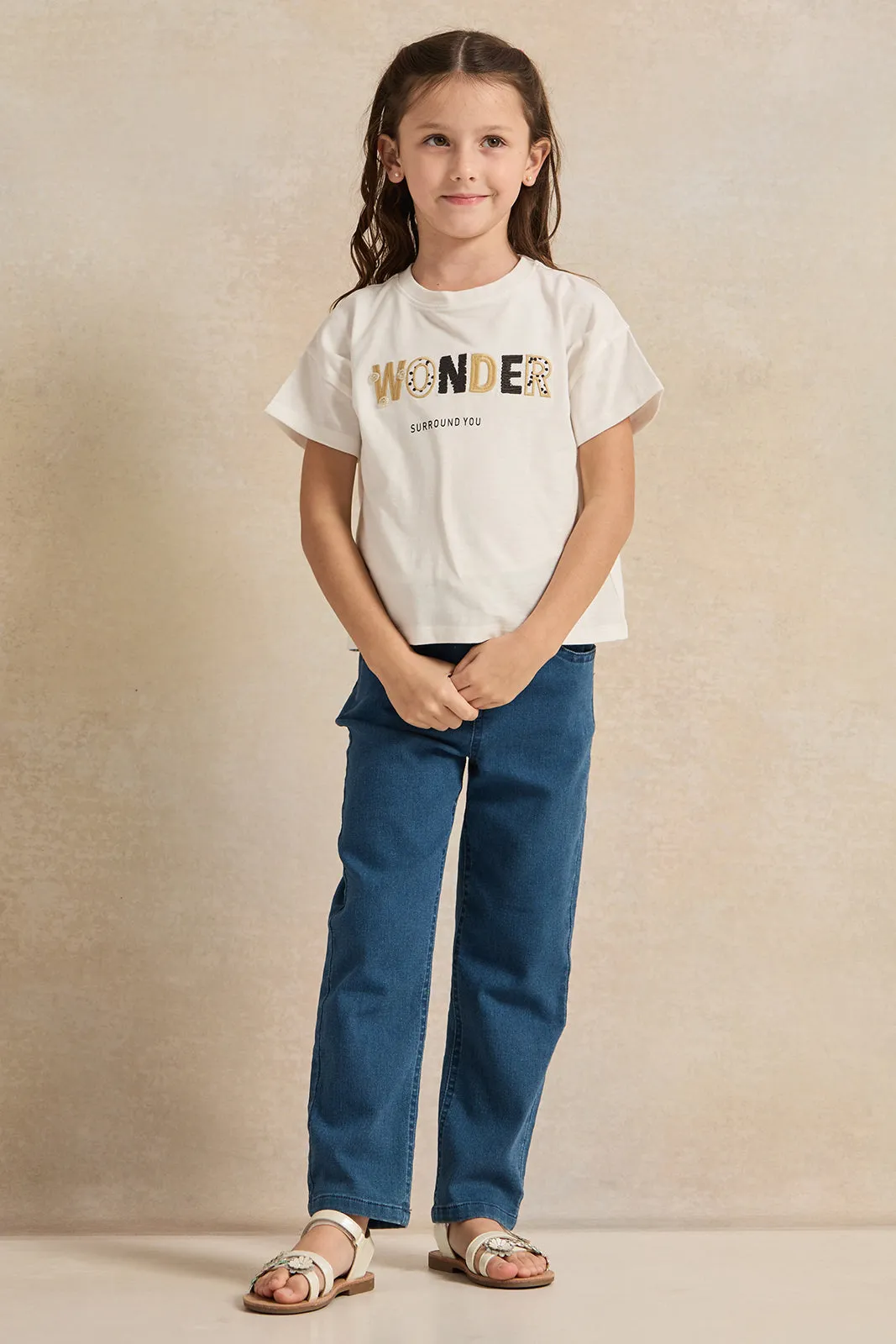 Girls White Print T-Shirt