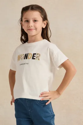 Girls White Print T-Shirt