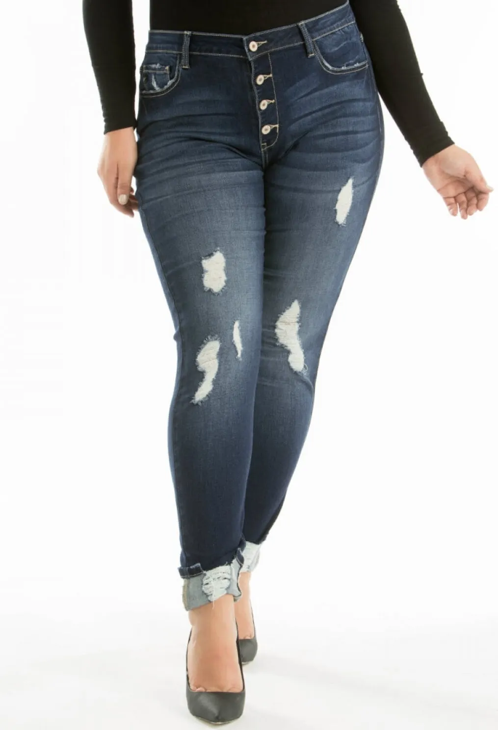 KanCan Gemma Curvy Button-Fly Distressed Denim Jeans 6192D