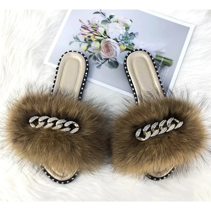Luxury Summer Fluffy Fur Soft Slides Flip Flop Sandals for Women