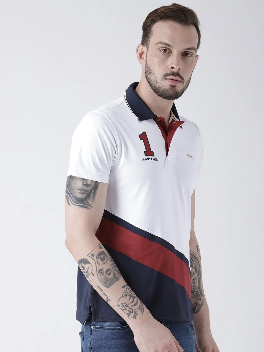 Men White Solid Polo T-shirt