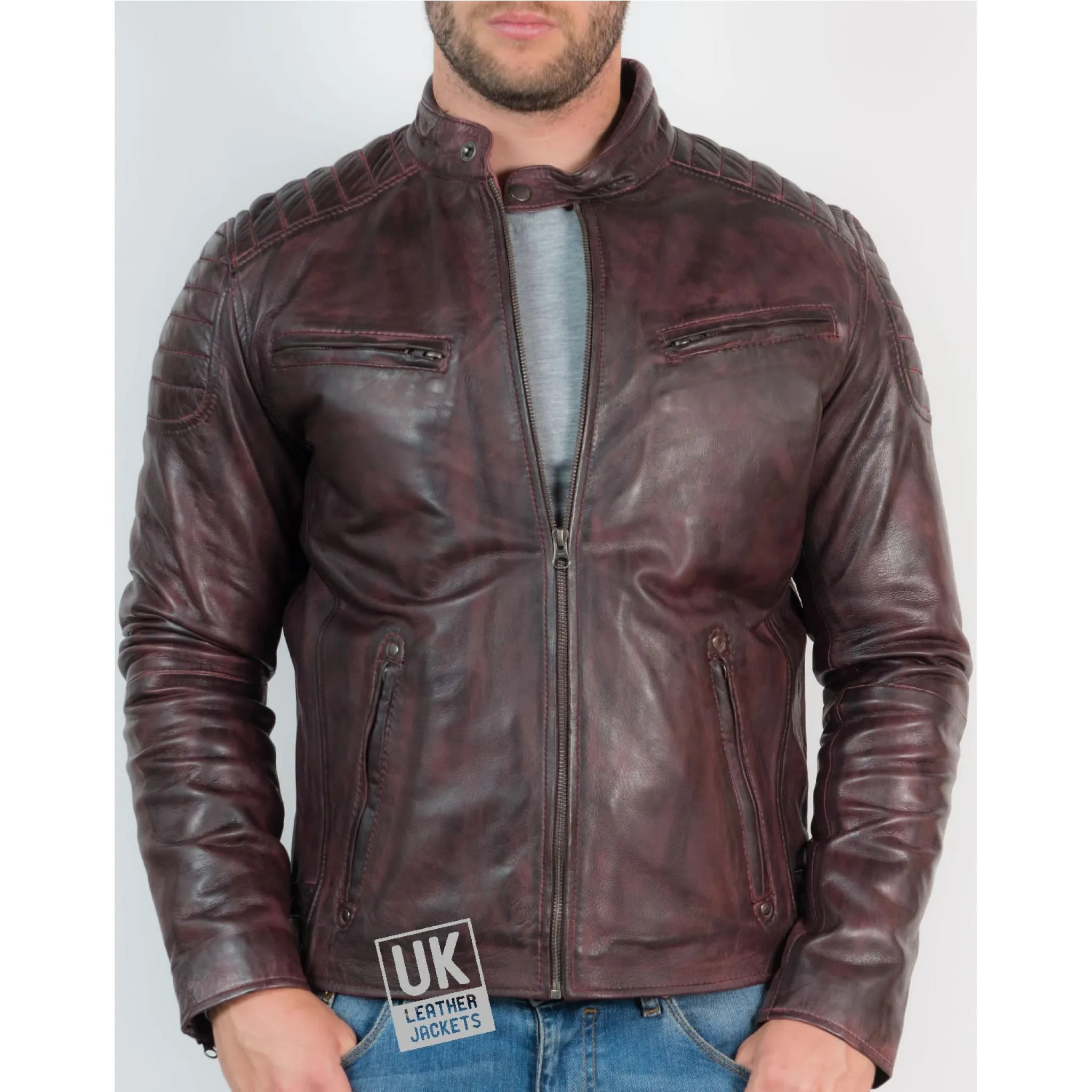 Mens Leather Biker Jacket - Zurich - Vintage Bordeaux | UK Leather Jackets