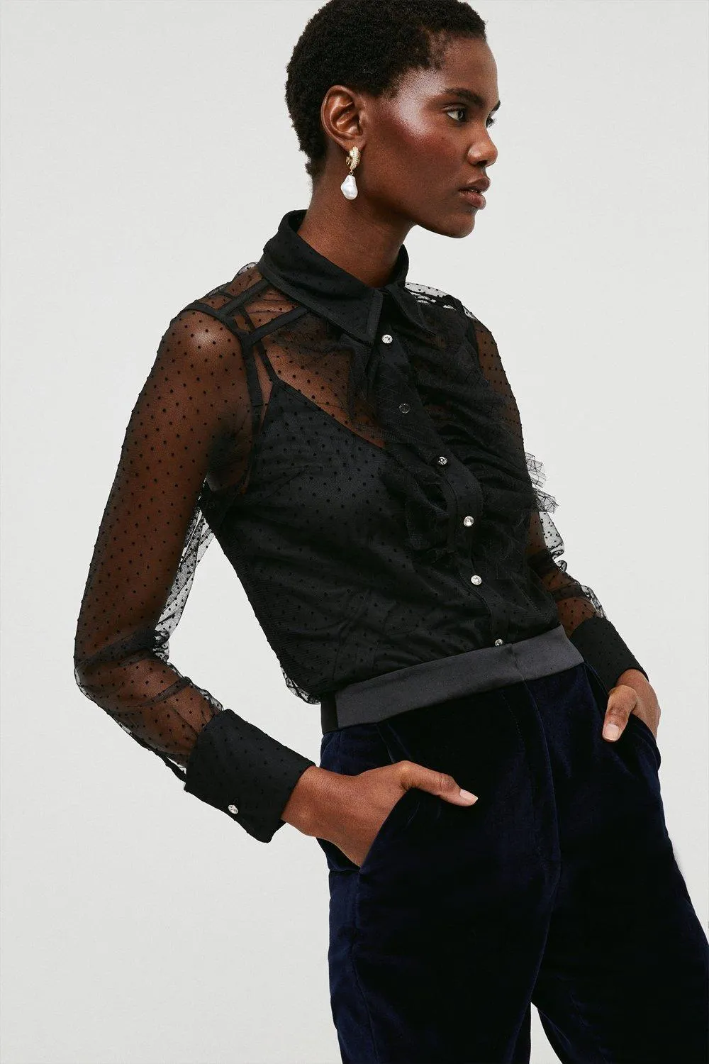Mixed Mesh Spot Tulle Collared Jersey Blouse | Karen Millen