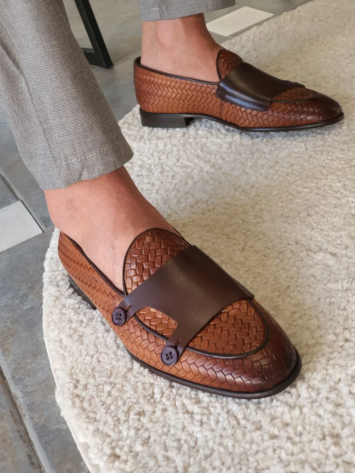 Monteri Tan Woven Leather Double Monk Strap Loafers