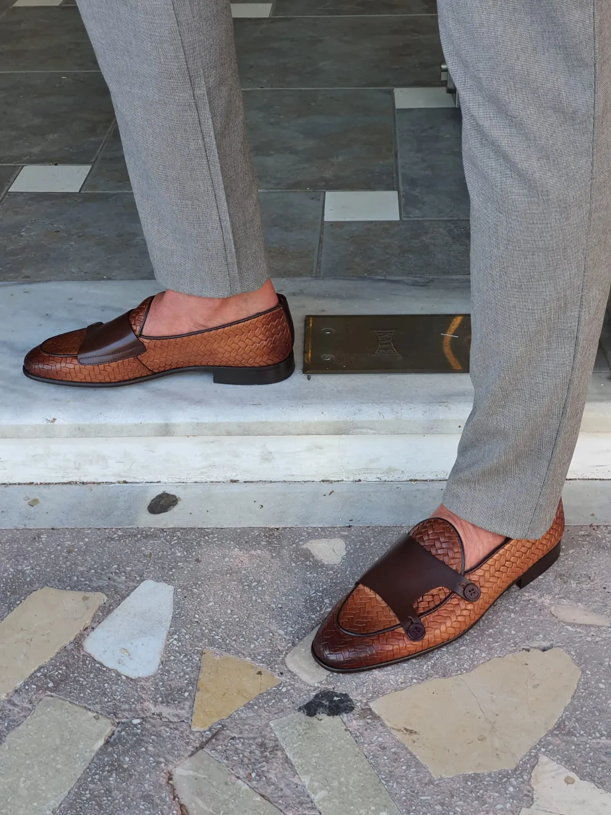Monteri Tan Woven Leather Double Monk Strap Loafers
