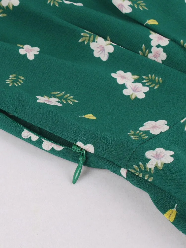Notched Collar Button Up Floral Green Elegant Summer Shirt Dress Women Sleeveless Casual High Waist Vintage Dresses