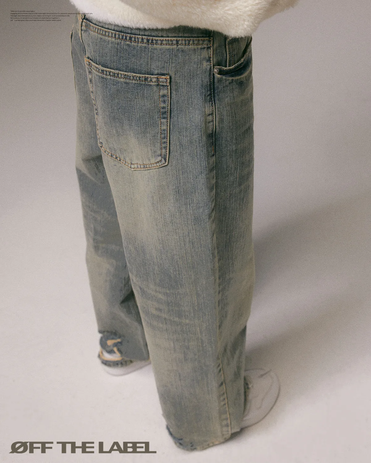 OFF THE LABEL Ripped Heel Loose-Fit Washed Pinstripe Denim Pants Light Blue