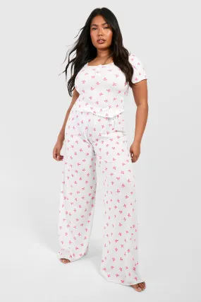Plus Bow Print Jersey Knit Top & Pants Pj Set