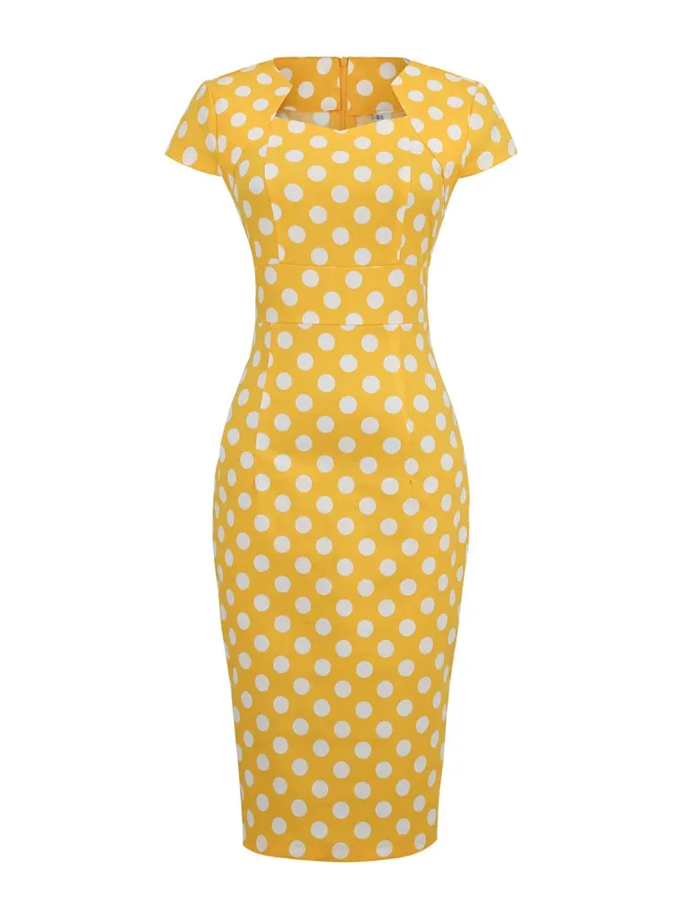 Polka Dot High Waist Elegant Bodycon Pencil Dresses for Women Cap Sleeve Summer Midi Cotton Dress