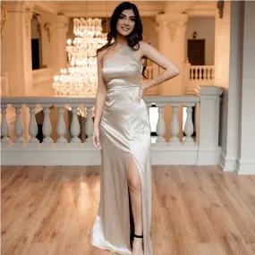 Simple One Shoulder Side Slit Taupe Satin Bridesmaid Dresses Online, BG712