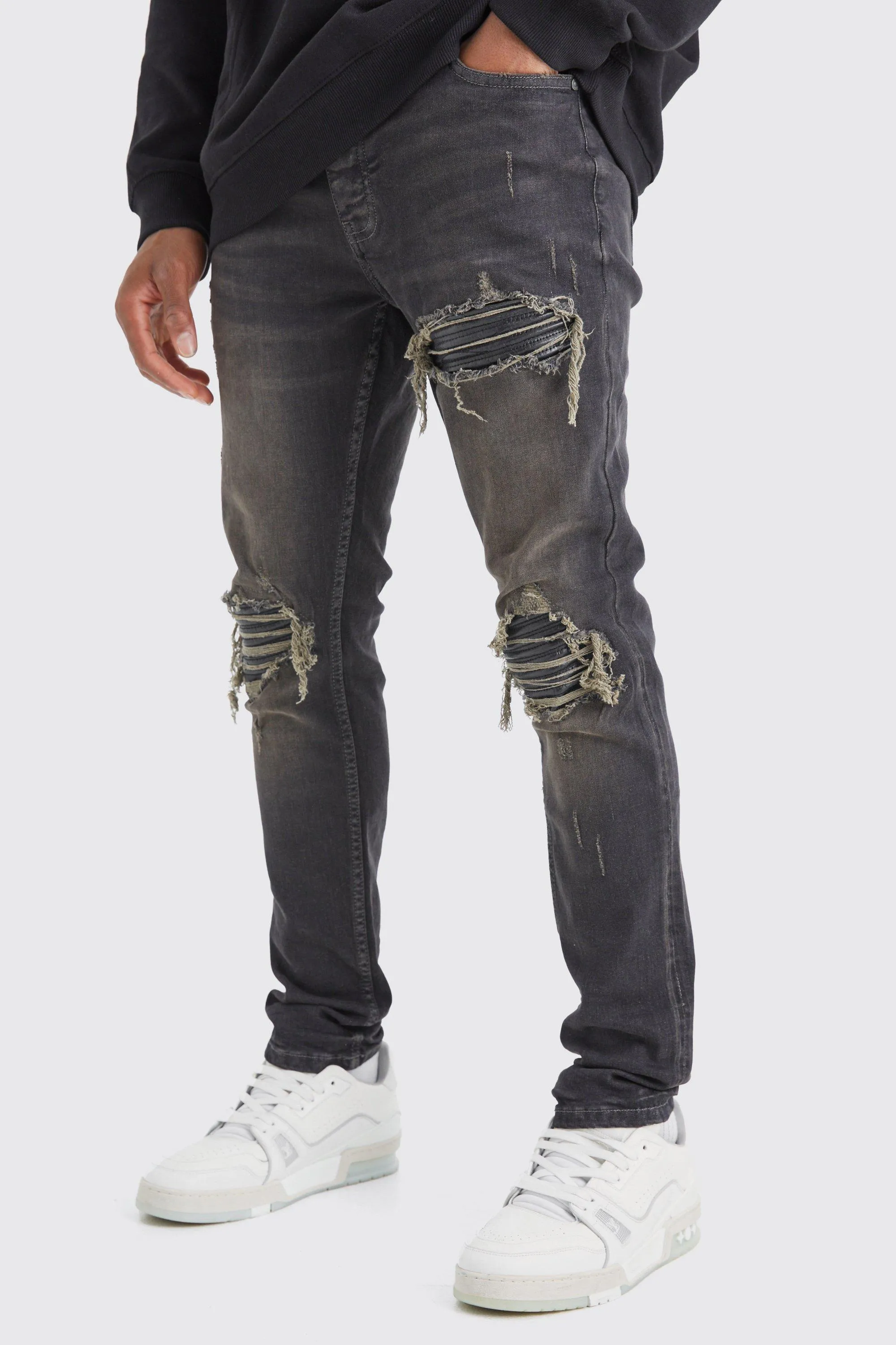 Skinny Stretch Black Pu Biker Rip & Repair Jeans | boohooMAN UK