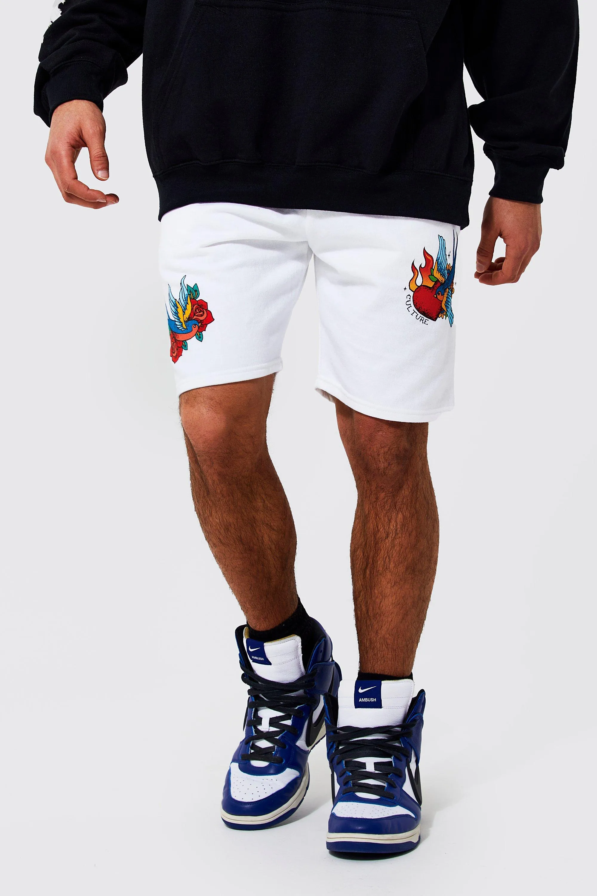 Slim Mid Length Bird Graphic Jersey Shorts | boohooMAN UK