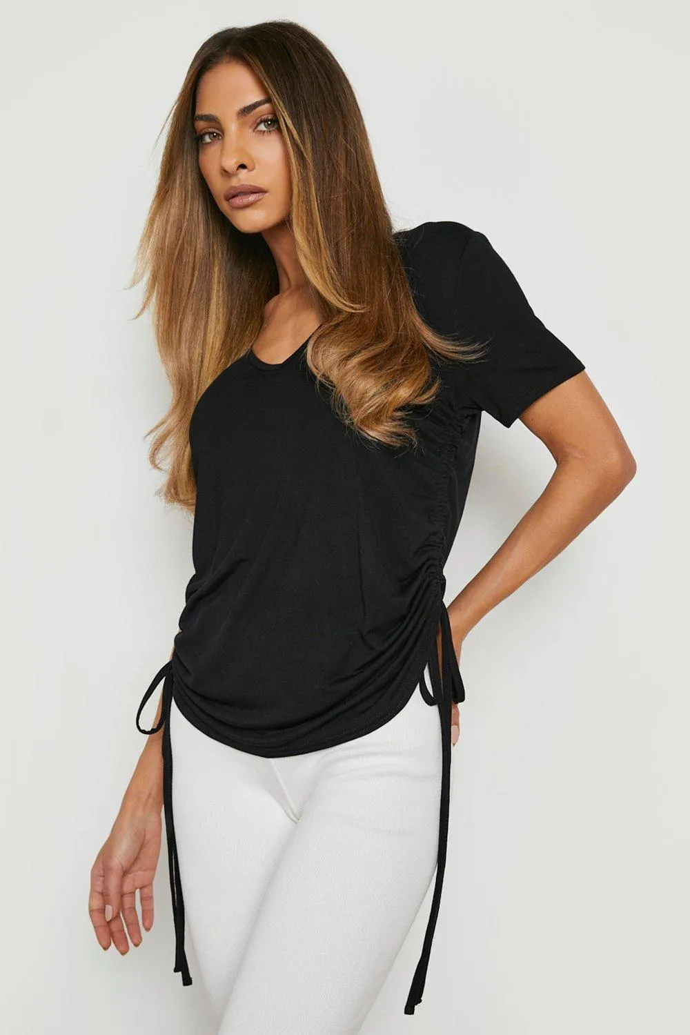 V Neck Ruched Side T-Shirt