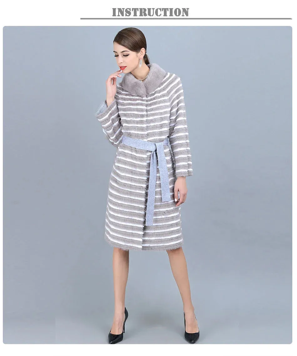 Women's Casual Warm Natural Mink Fur Knitted Long Jackets with Belt