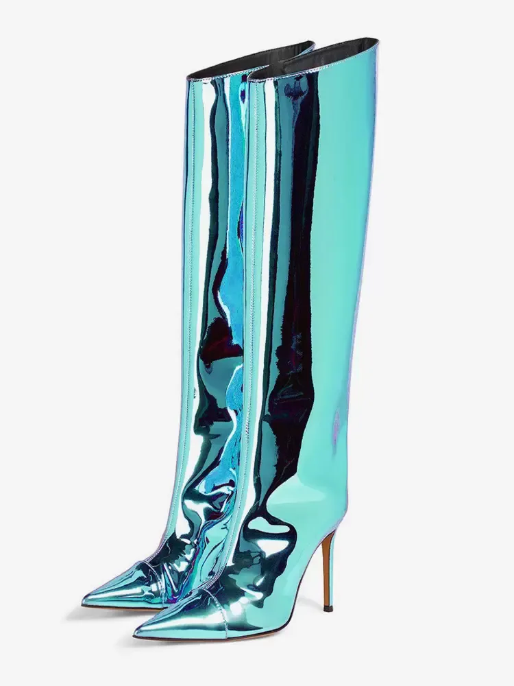Women's Knee Boots Metallic Pointed Toe Stiletto Heel Knee Length Boots