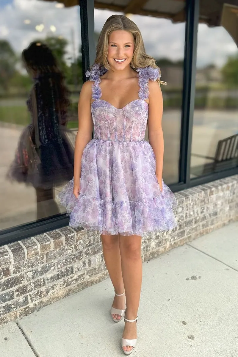 Xella | Cute A-Line Sweetheart Lavender Floral Printed Short Homecoming Dresses